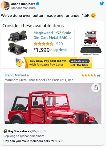 Anand Mahindra Suv less than 1500