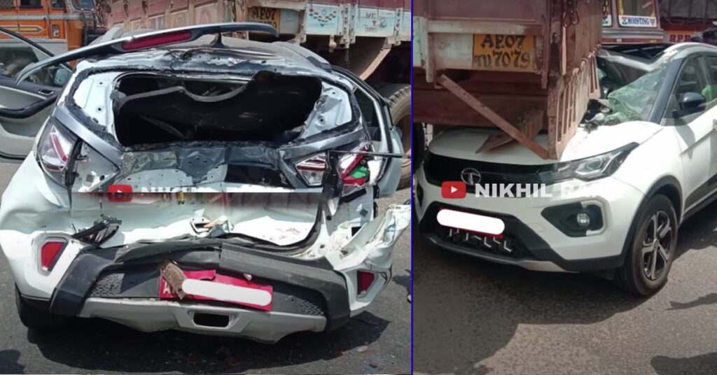 tata nexon hidden between trucks